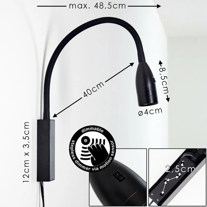 Hofstein Alsea Bettleuchte LED Schwarz, 1-flammig, Bewegungsmelder 2 Hofstein Alsea Bettleuchte LED Schwarz, 1-flammig, Bewegungsmelder – Bild 2